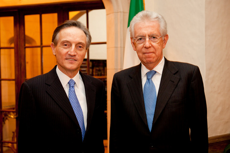 Prime Minister of Italy Mario Monti with Italian Ambassador Claudio Bisogniero at Villa Firenze, Washington, DC.